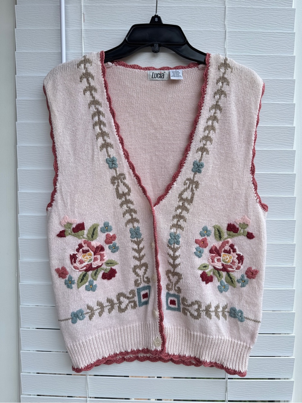 Vintage Lucia Floral Embroidered Knit Vest Cottagecore Ramie Cotton M